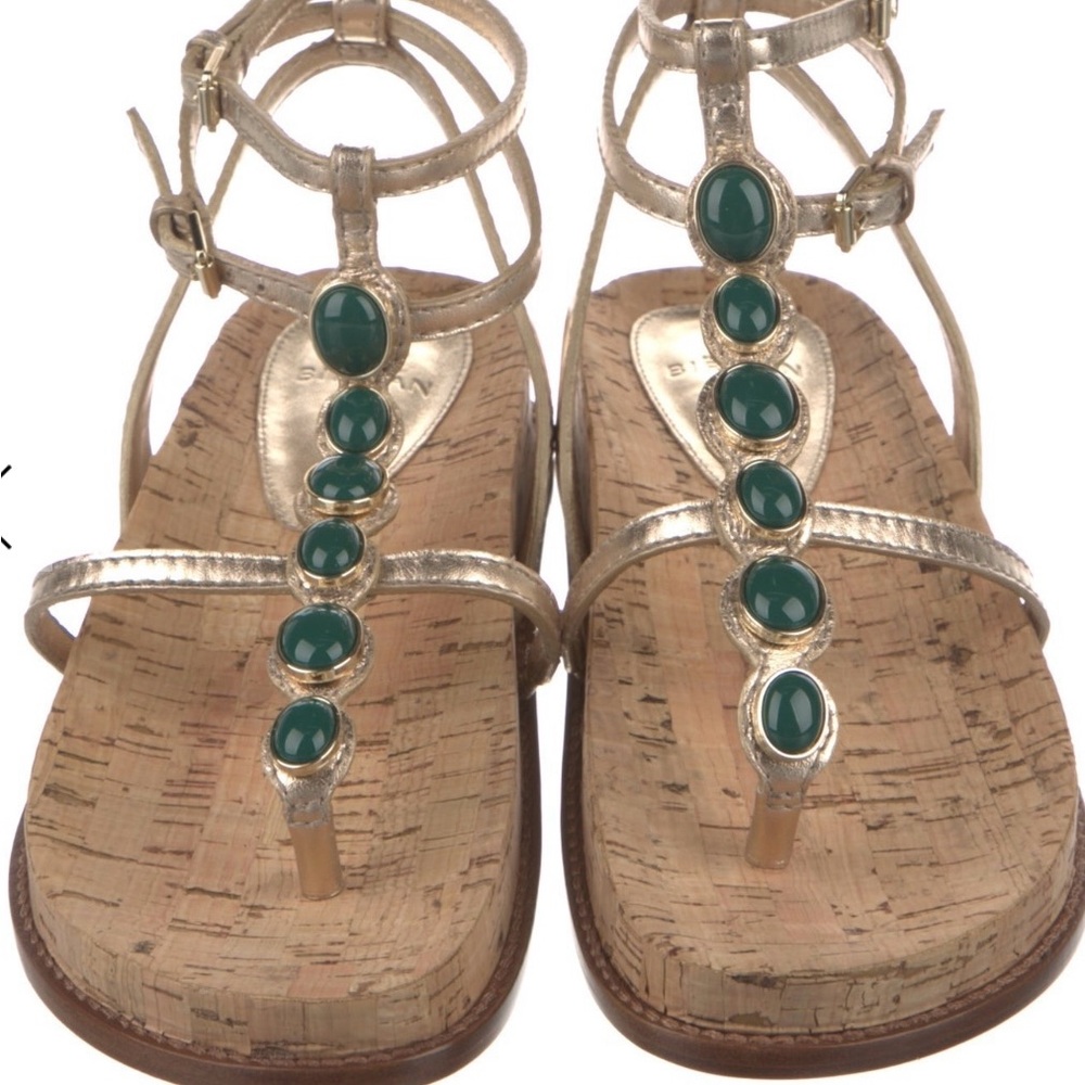 Alexandre Birman Gold Sandals with Green Accent Stones